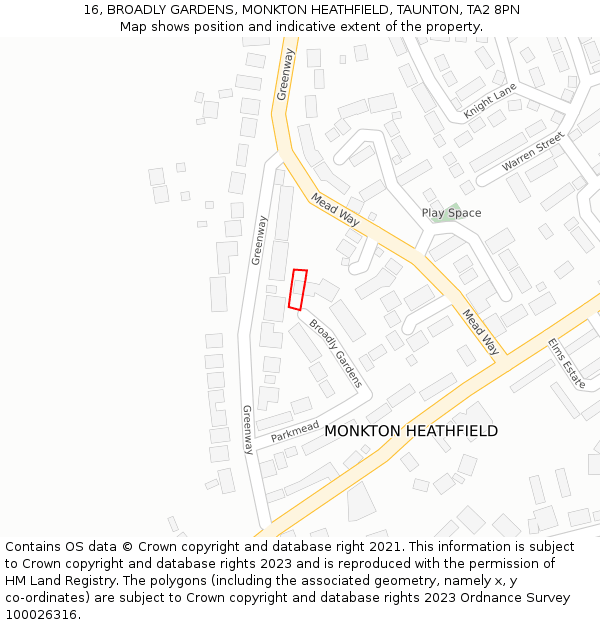 16, BROADLY GARDENS, MONKTON HEATHFIELD, TAUNTON, TA2 8PN: Location map and indicative extent of plot