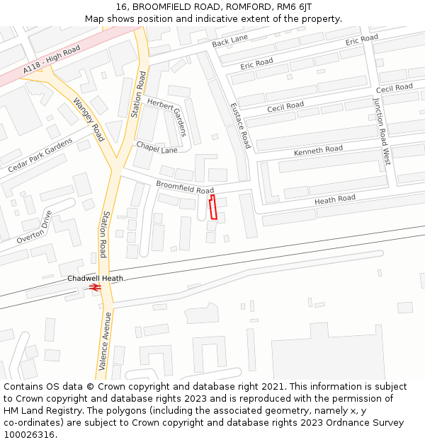 16, BROOMFIELD ROAD, ROMFORD, RM6 6JT: Location map and indicative extent of plot