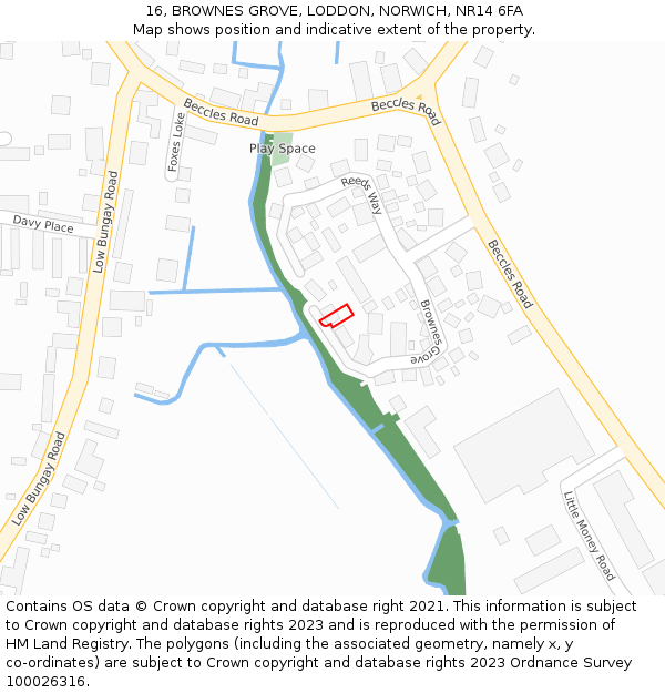 16, BROWNES GROVE, LODDON, NORWICH, NR14 6FA: Location map and indicative extent of plot