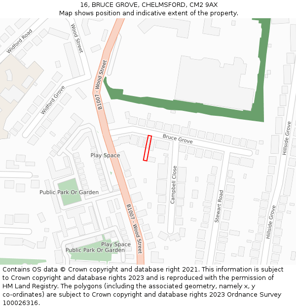 16, BRUCE GROVE, CHELMSFORD, CM2 9AX: Location map and indicative extent of plot
