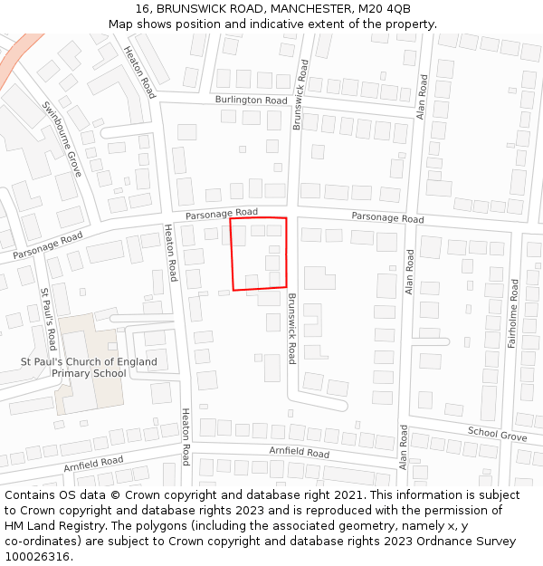 16, BRUNSWICK ROAD, MANCHESTER, M20 4QB: Location map and indicative extent of plot