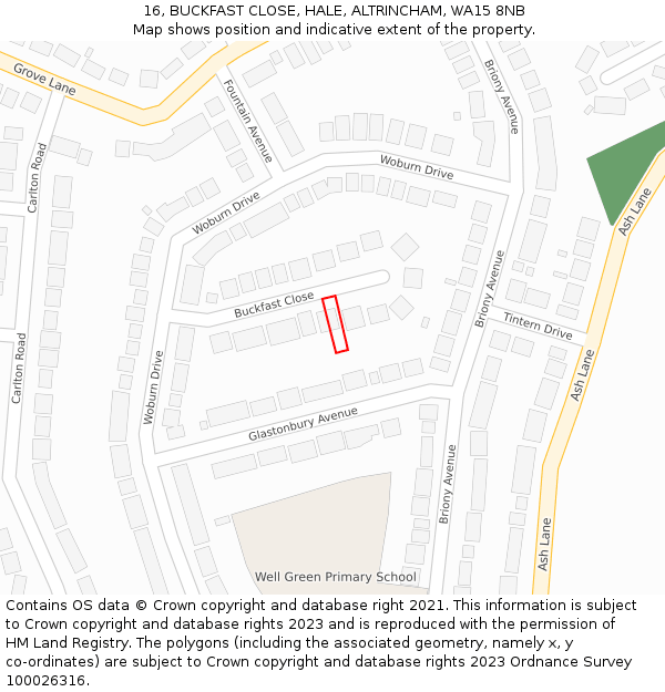 16, BUCKFAST CLOSE, HALE, ALTRINCHAM, WA15 8NB: Location map and indicative extent of plot