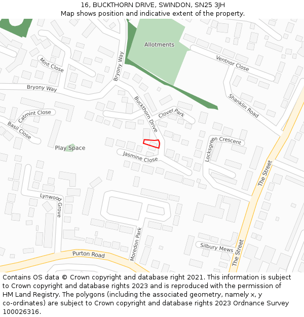 16, BUCKTHORN DRIVE, SWINDON, SN25 3JH: Location map and indicative extent of plot