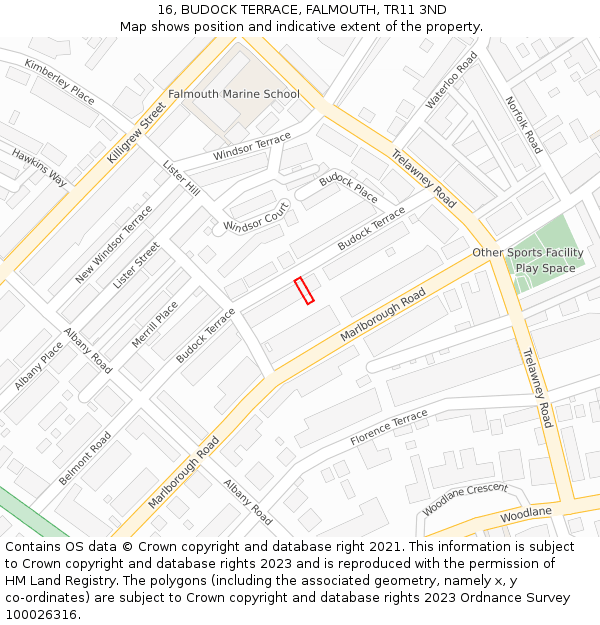 16, BUDOCK TERRACE, FALMOUTH, TR11 3ND: Location map and indicative extent of plot