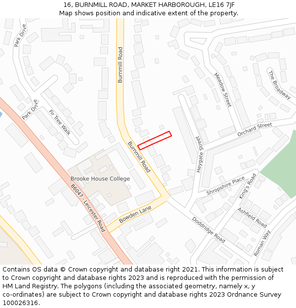 16, BURNMILL ROAD, MARKET HARBOROUGH, LE16 7JF: Location map and indicative extent of plot