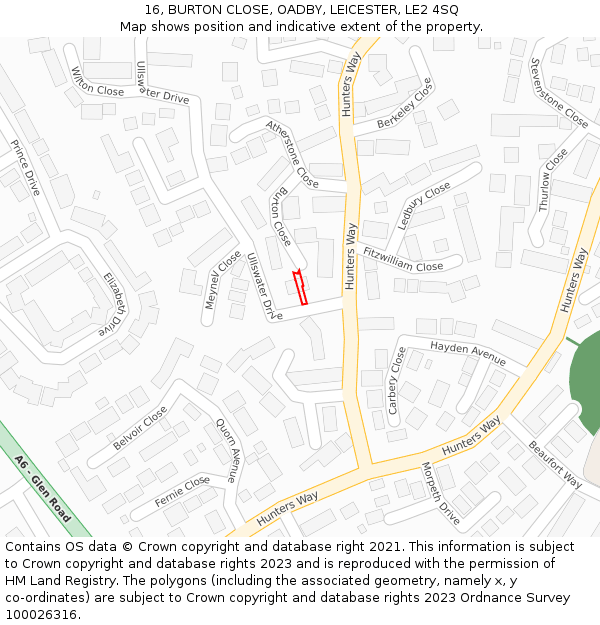 16, BURTON CLOSE, OADBY, LEICESTER, LE2 4SQ: Location map and indicative extent of plot