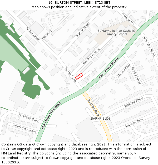 16, BURTON STREET, LEEK, ST13 8BT: Location map and indicative extent of plot
