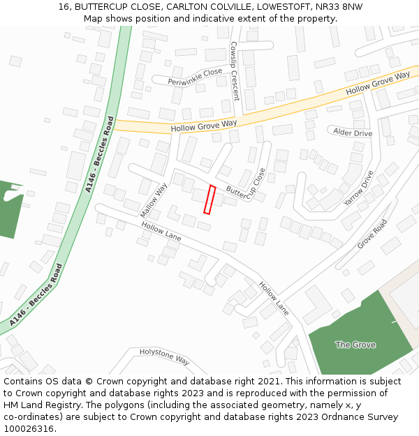 16, BUTTERCUP CLOSE, CARLTON COLVILLE, LOWESTOFT, NR33 8NW: Location map and indicative extent of plot