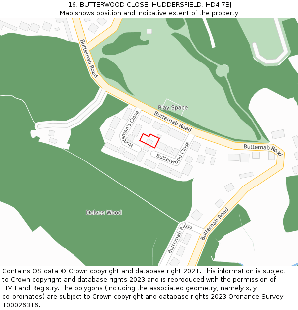 16, BUTTERWOOD CLOSE, HUDDERSFIELD, HD4 7BJ: Location map and indicative extent of plot