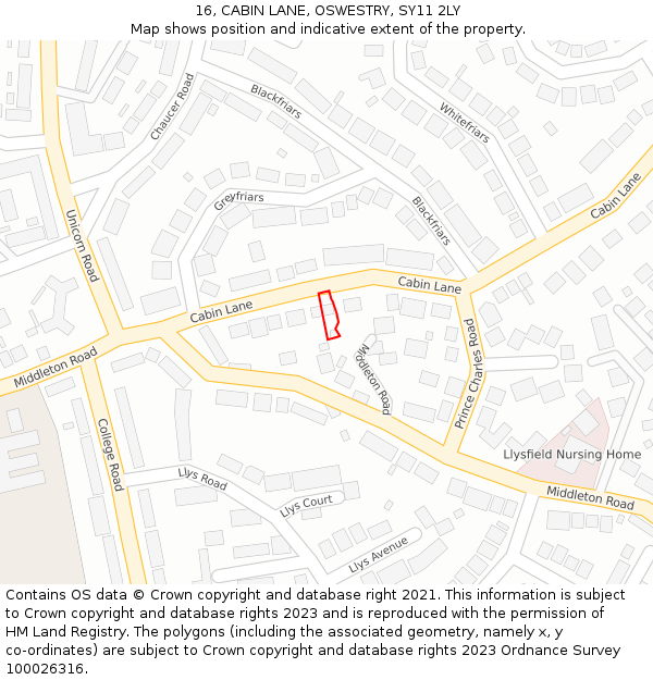 16, CABIN LANE, OSWESTRY, SY11 2LY: Location map and indicative extent of plot