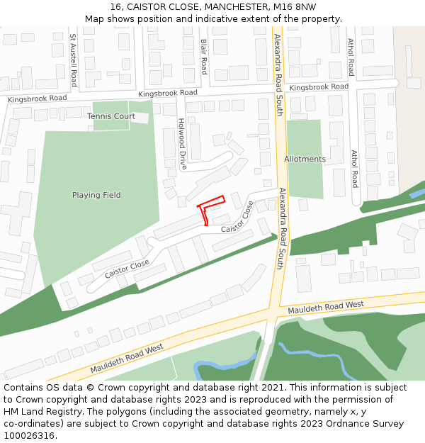 16, CAISTOR CLOSE, MANCHESTER, M16 8NW: Location map and indicative extent of plot
