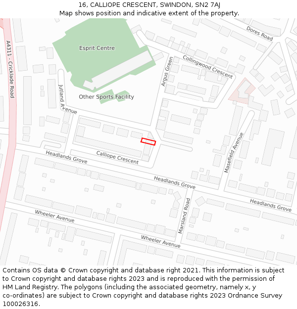 16, CALLIOPE CRESCENT, SWINDON, SN2 7AJ: Location map and indicative extent of plot