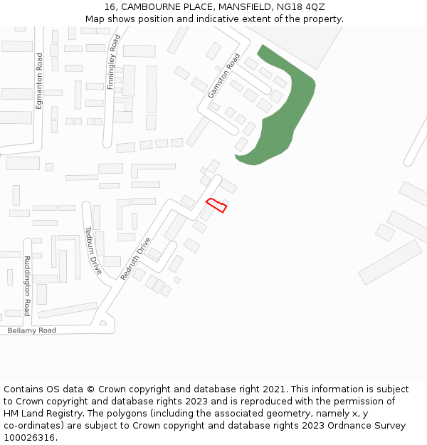 16, CAMBOURNE PLACE, MANSFIELD, NG18 4QZ: Location map and indicative extent of plot