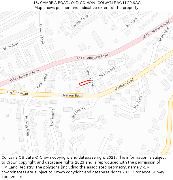 16, CAMBRIA ROAD, OLD COLWYN, COLWYN BAY, LL29 9AG: Location map and indicative extent of plot