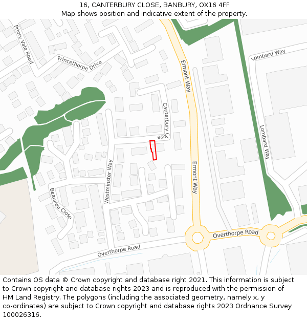 16, CANTERBURY CLOSE, BANBURY, OX16 4FF: Location map and indicative extent of plot