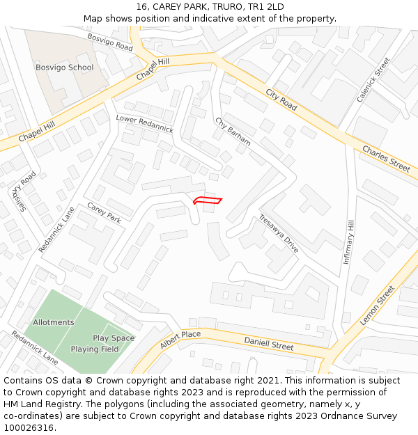 16, CAREY PARK, TRURO, TR1 2LD: Location map and indicative extent of plot