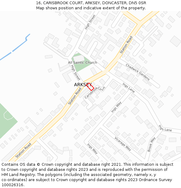16, CARISBROOK COURT, ARKSEY, DONCASTER, DN5 0SR: Location map and indicative extent of plot