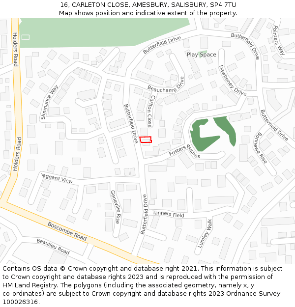 16, CARLETON CLOSE, AMESBURY, SALISBURY, SP4 7TU: Location map and indicative extent of plot