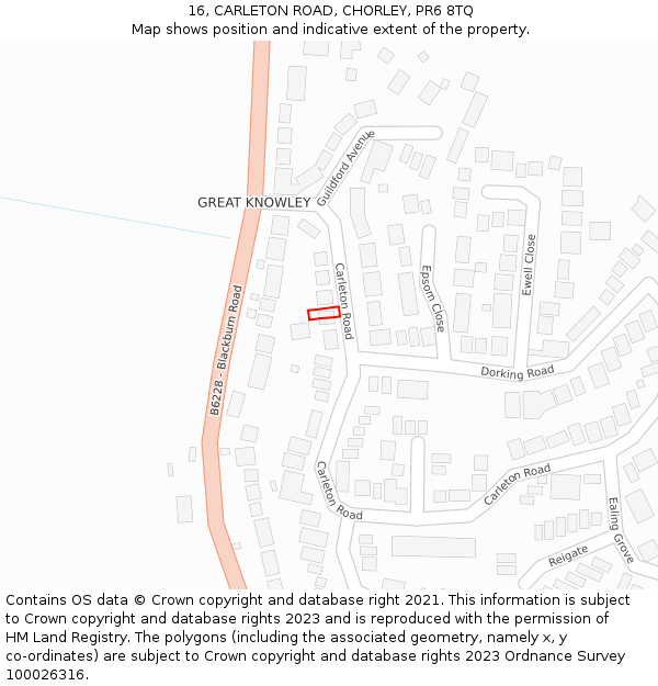 16, CARLETON ROAD, CHORLEY, PR6 8TQ: Location map and indicative extent of plot