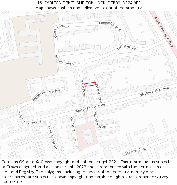 16, CARLTON DRIVE, SHELTON LOCK, DERBY, DE24 9EP: Location map and indicative extent of plot