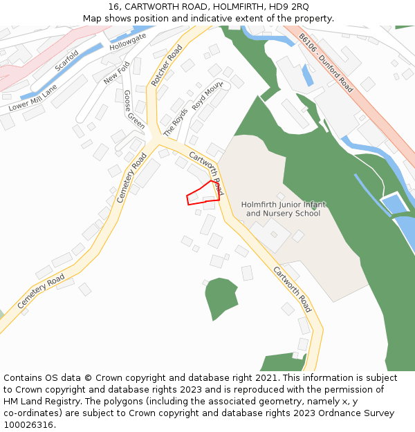 16, CARTWORTH ROAD, HOLMFIRTH, HD9 2RQ: Location map and indicative extent of plot