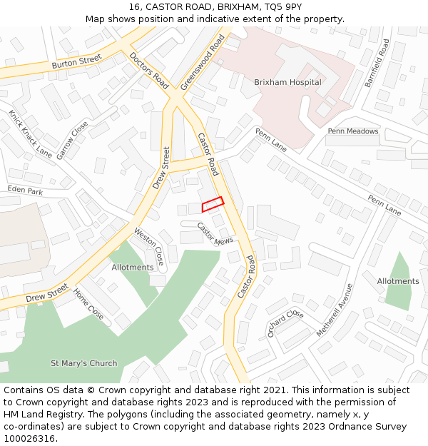 16, CASTOR ROAD, BRIXHAM, TQ5 9PY: Location map and indicative extent of plot
