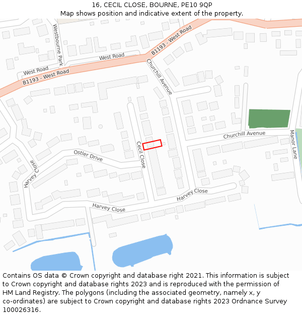 16, CECIL CLOSE, BOURNE, PE10 9QP: Location map and indicative extent of plot