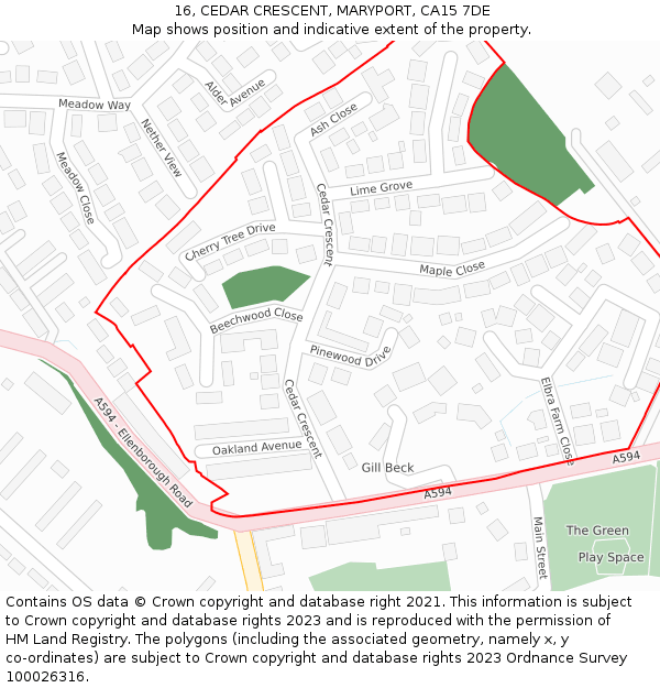 16, CEDAR CRESCENT, MARYPORT, CA15 7DE: Location map and indicative extent of plot