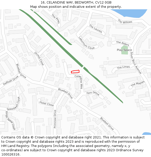 16, CELANDINE WAY, BEDWORTH, CV12 0GB: Location map and indicative extent of plot