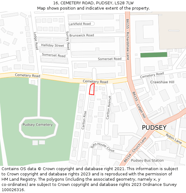 16, CEMETERY ROAD, PUDSEY, LS28 7LW: Location map and indicative extent of plot