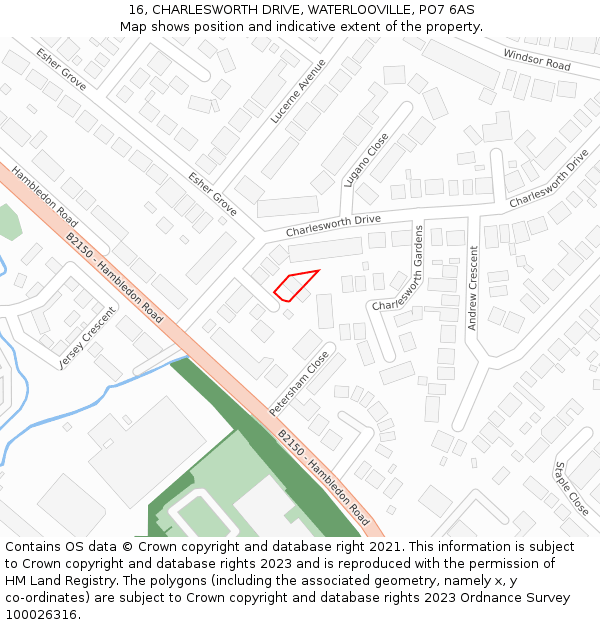 16, CHARLESWORTH DRIVE, WATERLOOVILLE, PO7 6AS: Location map and indicative extent of plot