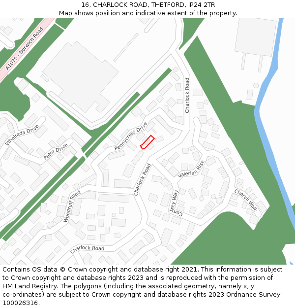 16, CHARLOCK ROAD, THETFORD, IP24 2TR: Location map and indicative extent of plot