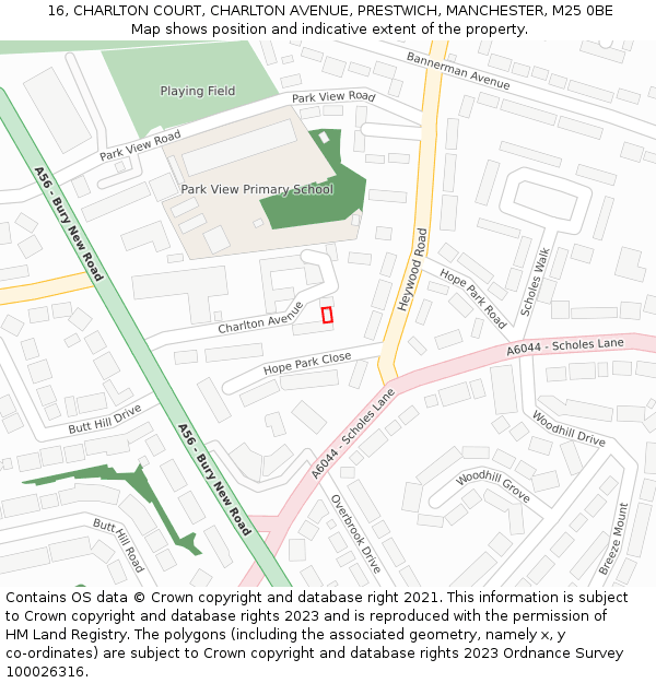 16, CHARLTON COURT, CHARLTON AVENUE, PRESTWICH, MANCHESTER, M25 0BE: Location map and indicative extent of plot
