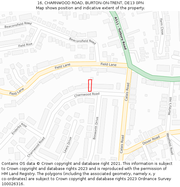 16, CHARNWOOD ROAD, BURTON-ON-TRENT, DE13 0PN: Location map and indicative extent of plot