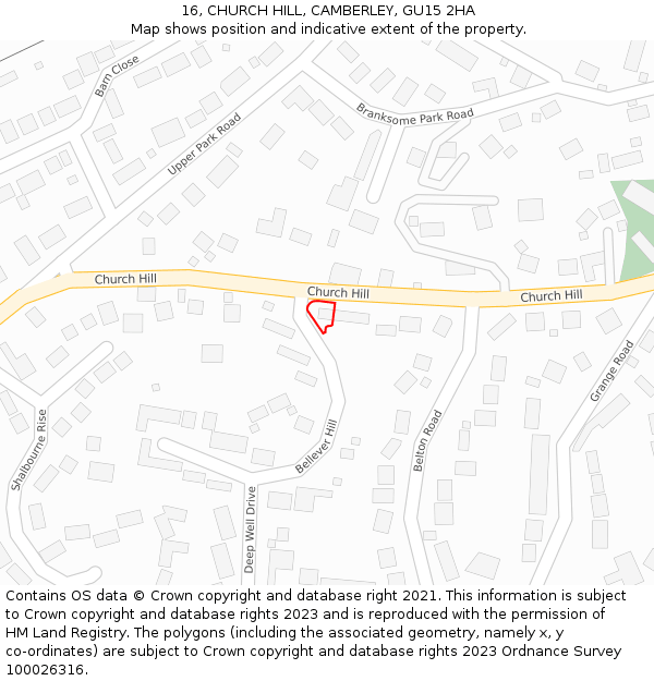 16, CHURCH HILL, CAMBERLEY, GU15 2HA: Location map and indicative extent of plot