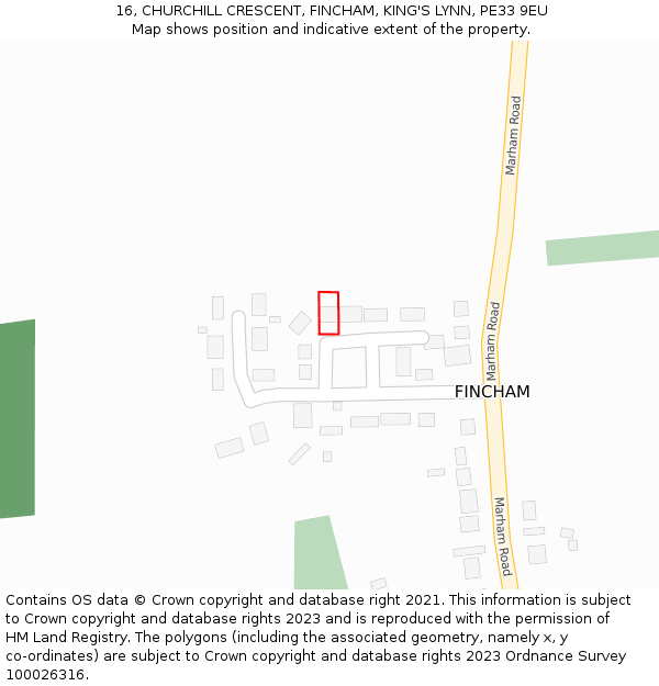 16, CHURCHILL CRESCENT, FINCHAM, KING'S LYNN, PE33 9EU: Location map and indicative extent of plot