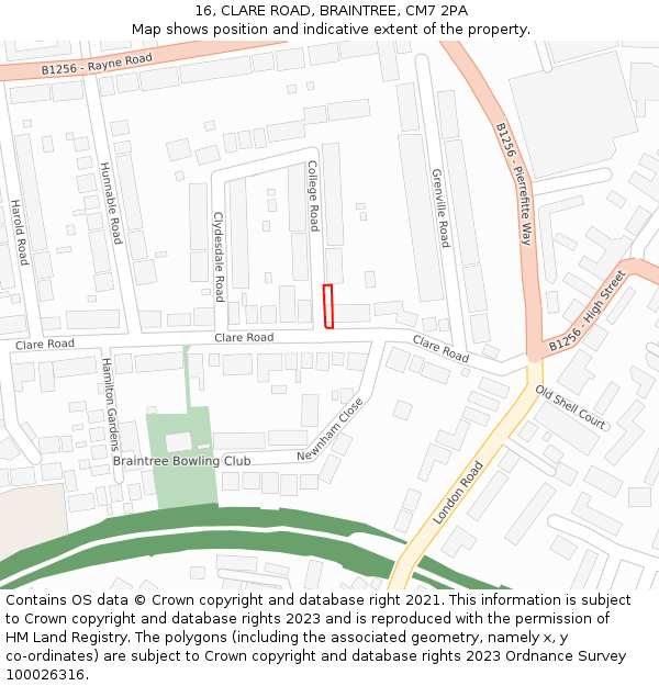 16, CLARE ROAD, BRAINTREE, CM7 2PA: Location map and indicative extent of plot