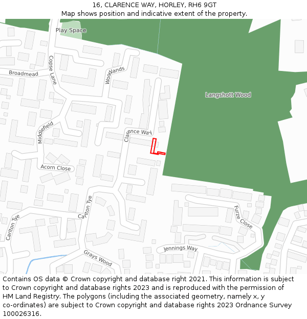 16, CLARENCE WAY, HORLEY, RH6 9GT: Location map and indicative extent of plot
