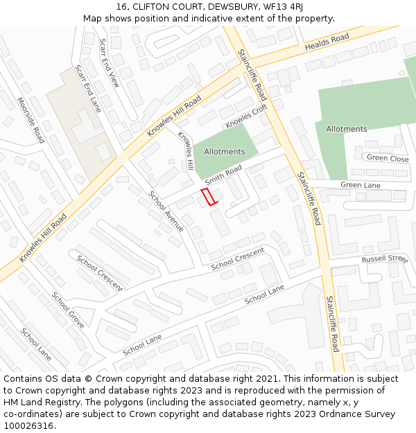 16, CLIFTON COURT, DEWSBURY, WF13 4RJ: Location map and indicative extent of plot