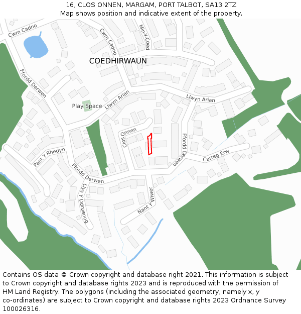 16, CLOS ONNEN, MARGAM, PORT TALBOT, SA13 2TZ: Location map and indicative extent of plot
