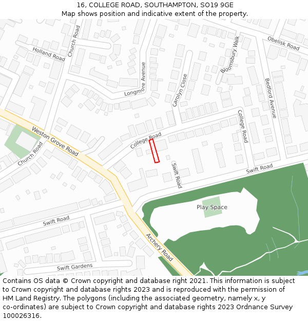 16, COLLEGE ROAD, SOUTHAMPTON, SO19 9GE: Location map and indicative extent of plot