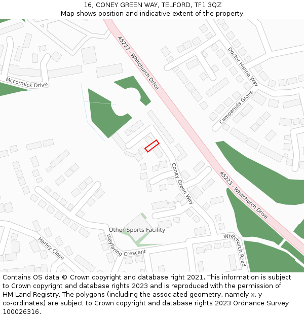 16, CONEY GREEN WAY, TELFORD, TF1 3QZ: Location map and indicative extent of plot