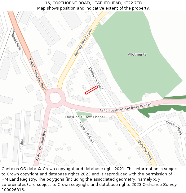 16, COPTHORNE ROAD, LEATHERHEAD, KT22 7ED: Location map and indicative extent of plot