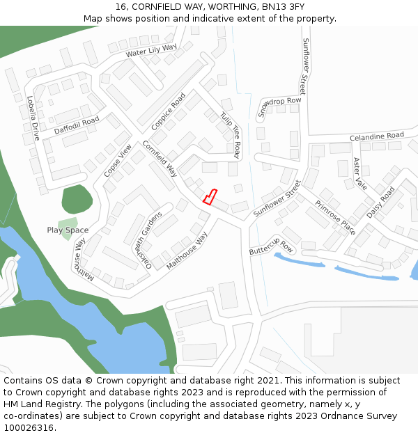 16, CORNFIELD WAY, WORTHING, BN13 3FY: Location map and indicative extent of plot
