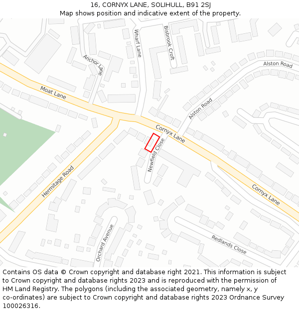 16, CORNYX LANE, SOLIHULL, B91 2SJ: Location map and indicative extent of plot