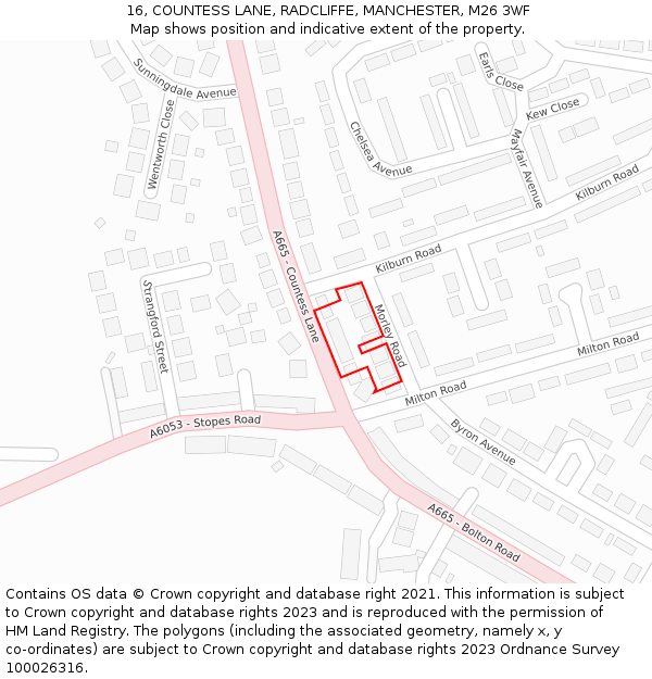 16, COUNTESS LANE, RADCLIFFE, MANCHESTER, M26 3WF: Location map and indicative extent of plot