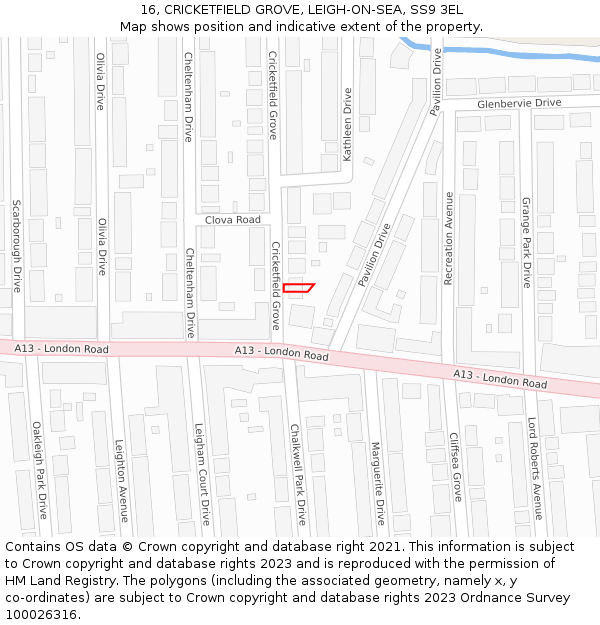 16, CRICKETFIELD GROVE, LEIGH-ON-SEA, SS9 3EL: Location map and indicative extent of plot