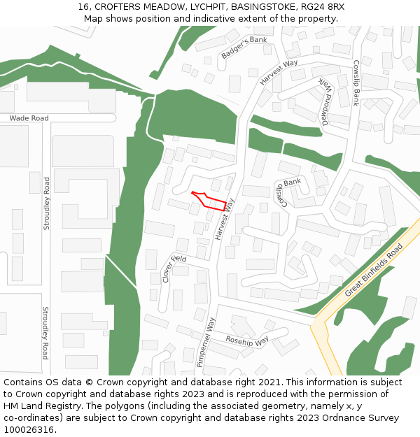 16, CROFTERS MEADOW, LYCHPIT, BASINGSTOKE, RG24 8RX: Location map and indicative extent of plot