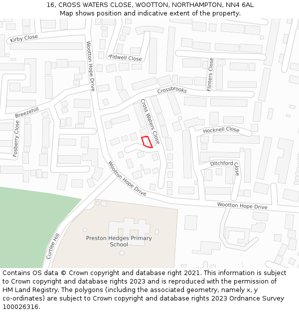 16, CROSS WATERS CLOSE, WOOTTON, NORTHAMPTON, NN4 6AL: Location map and indicative extent of plot