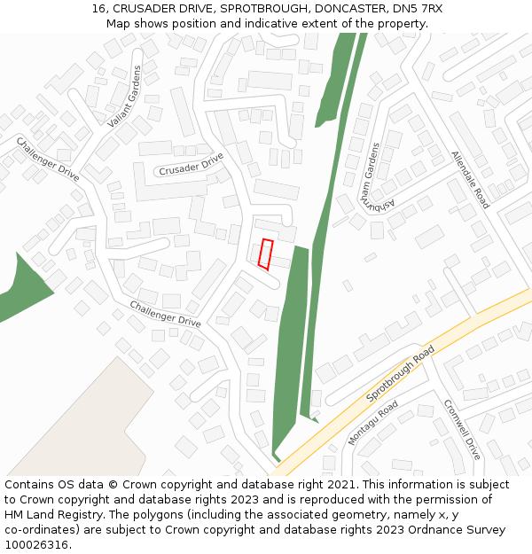 16, CRUSADER DRIVE, SPROTBROUGH, DONCASTER, DN5 7RX: Location map and indicative extent of plot